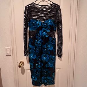 ASOS fitted midi blue flower dress with net detailing US 8